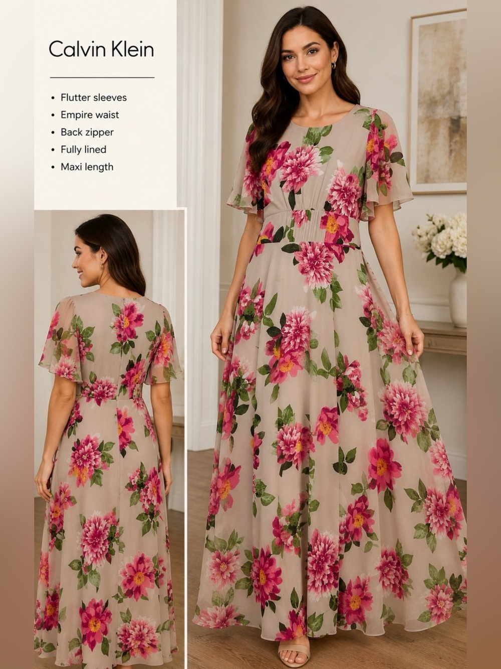 Calvin Klein Floral Maxi Dress Beige Pink Flutter Sleeve Women’s Size 2